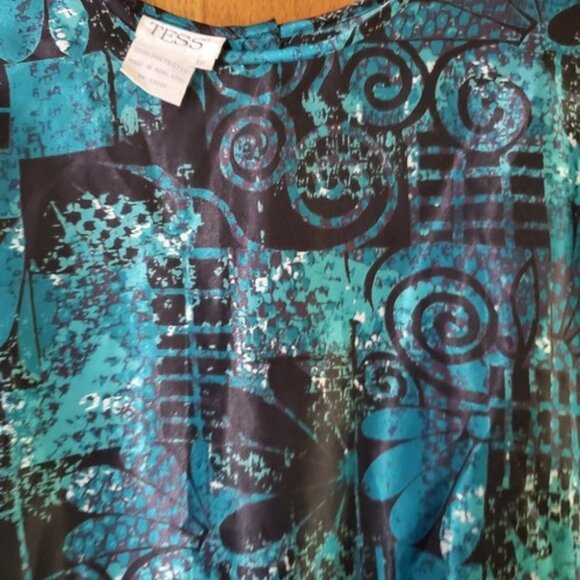 Tess Women's blouse buttons in back long sleeve Size 12 Aqua Blue& Black Beautif - Picture 3 of 10